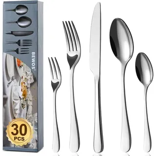 BEWOS Besteck Set für 6 Personen-30 teilig Essbesteck Set inkl. Messer, Gabel, Löffel, Besteck Edelstahl Spiegelpoliert, Spülmaschinenfest