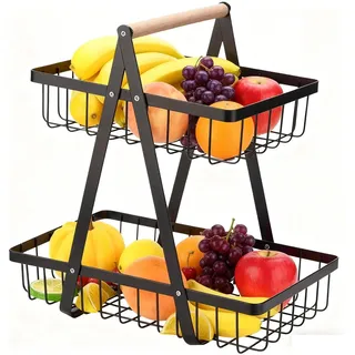 2 Stöckig Obstkorb, Abnehmbar Obst Etagere 2 Etagen Küche Moderne Obstschale mit Holzgriff, Praktischer Obstkörbe aus Metall für Brot, Gemüse, Snacks, Eckregal Stehend Aufbewahrung Küche, Schwarz