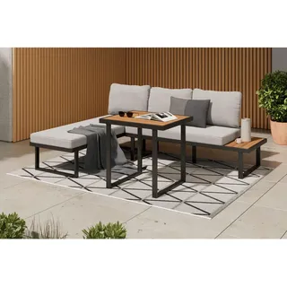 Ambia Garden Dining-Loungeset , Grau, Naturfarben, Schwarz , Holz, Metall , Akazie , vollmassiv , 219x147 cm , Gartenmöbel, Gartengarnituren, Gartenmöbel-Sets