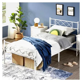 Modernes Metallbett 90x200 cm mit Lattenrost, Doppelbett/Einzelbett, Bettrahmen mit Kopfteil, Gästebett Jugendbett für Schlafzimmer und Gästezimmer in Weiß - Weiß