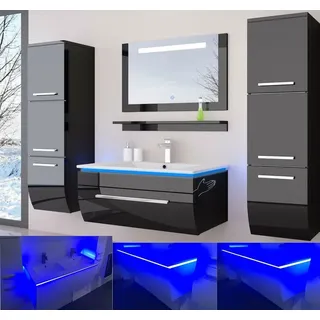 90 Badmöbel Set Schwarz Bad Komplett Hochglanz Badezimmermöbel Bis 6Tlg LED Bad 90 cm - schwarz