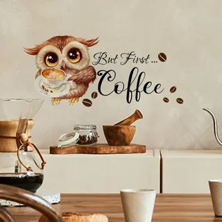 HGDESIGN® Wandtattoo Wandaufkleber Kaffee Zeit But First Coffee Eule Cappuccino Wandsticker Wanddeko für Küche Esszimmer (B)