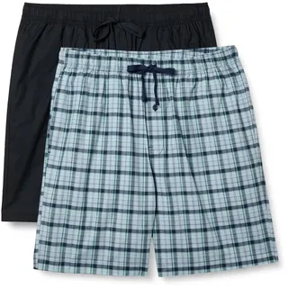 Amazon Essentials Herren Pyjama-Shorts, Kurz, Baumwoll-Stretch-Popeline, 2er-Pack, Karomuster/Schwarz, XS