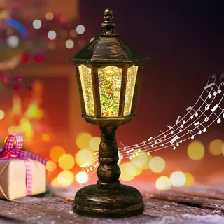 Weihnachtsdeko Laterne, Weihnachts Schneekugel Laterne mit Musik, Weihnachten Deko, Weihnachtslaterne Vintage mit Glitzernde Schneekugel Nachtlicht, USB und Batteriebetrieben für Kamins Tischdeko