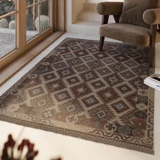 Green Looop Wollteppich »Migny« rechteckig 5 mm Höhe Fransen, Kelim, handgewebt, Natur, Wohnzimmer, Schlafzimmer, Raute Green Looop hellbraun B : cm 1 Stk.