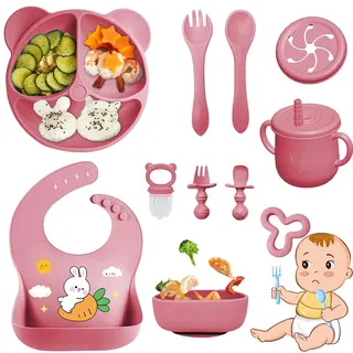 Bizcasa 11 Stück Silikon Baby Geschirrset, Rutschfest Kindergeschirr Set, Kindergeschirr mit Saugnapf, Rutschfest Baby Schüssel,Baby-Teller, Baby-Besteckset für Kleinkinder, BPA Frei (Dunkelrosa)