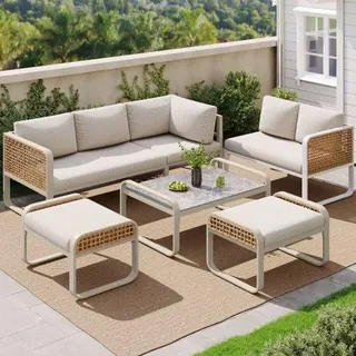 Garten-Lounge-Set, Rattan-Möbel-Set für 6-7 Personen, Eckbank mit galvanisiertem Stahlrahmen, verstellbare Füße, inkl. allen Sitz- und Rückenkissen, Beige - Beige