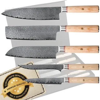 Cassary Damastmesser set. Japanisches messer set perfekt für präzisionsschnitte. Damast küchenmesser mit Santoku messer. Professionelles Kochmesser profi Messer (5 set)