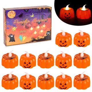 12 Stück LED Kerzen - Flackern, Flammenlos, Kürbis Teelichter, Deko für Halloween Party, Innen & Außen