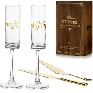 NUPTIO Hochzeit Geschenk Prosecco GläserSektgläser Tortenheber: Mr Mrs Kuchenheber Messer Set Holzkiste Gold Kristall Gravur Personalisiert Brautpaar Wedding Verlobung Jahrestag Geschenkideen