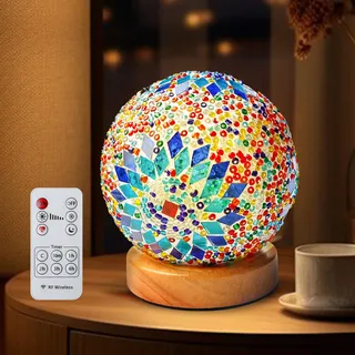 PORFOYO Nachttischlampe Glas-Patchwork-Tischlampe, Mosaik-Nachtlicht, Tischleuchte, Retro Lampe, USB Stromanschluss Vintage Deko Schreibtischlampe für modern Deko Schlafzimmer Nachtlampe, Boho-Blau