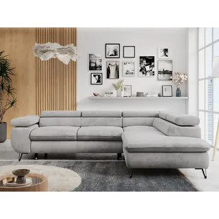 MKS Meble Ecksofa Sofa Grau, Wohnlandschaft L-Form mit Schlaffunktion und Bettkasten, Schlafsofa mit Bettkasten, Sofa mit Einstellbare Kopfstützen, Peter L ... Hellgrau