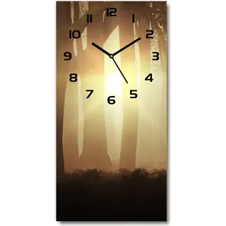 Wanduhr aus Glas – 30x60 cm - Glasbild - Glasuhr - Gehärtetes Glas -Nebel im Wald - Braun