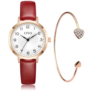 CIVO Damen Uhr Wasserdicht Klein Analog Quarz Lederarmband Armbanduhr Damen Set Minimalistisch Kreative Uhr für Frauen Rot