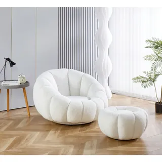 SalesFever Sessel mit Hocker Set aus Teddyfell Weiß