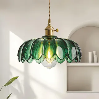 zhxinashu Pendelleuchte Glas Grünes, Pendellampe Vintage, E27 Messing Pendelleuchte Esstisch, Indoor Blume Form Deckenleuchte Industrial für Schlafzimmer, Wohnzimmer, Nachttisch, Küche