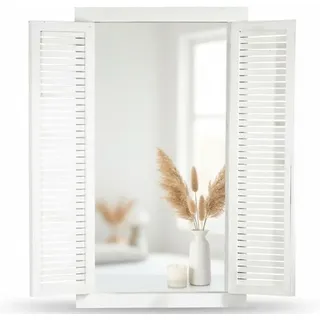 Wandspiegel mit Fensterläden 72x42 cm Shabby Chic Weiß | Spiegelfenster Dekospiegel Landhausstil Fensterspiegel Paulownienholz | Flurspiegel Wanddeko Panel-Türen Metallscharniere Vintage - Weiß