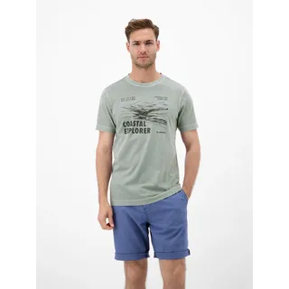 T-Shirt LERROS "T-Shirt mit O-Neck und Frontprint", Herren, Gr. L, grün (storm grau), 100% Baumwolle, Rundhals, Shirts T-Shirt