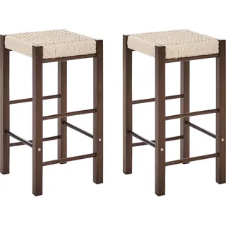 BELIANI Barhocker 2er Set Dunkelbraun Gummibaumholz 66 cm hoch ohne Lehne mit Fußstütze Geflochtene Sitzfläche Boho Design Holzhocker Sitzhocker - Braun, Beige