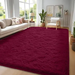 FVVRAX Flauschiger Hochflor Teppich 140x200 cm Weinrot | Extra Weicher Shaggy Teppich rutschfest für Wohnzimmer Schlafzimmer | Kuscheliger Bodenteppich für Kinder Haustiere