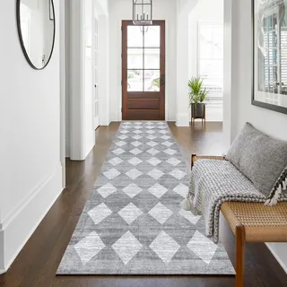 WTHYGB Teppich Läufer 80 x 200 cm, rutschfest Waschbar Teppichläufer, Küchenläufer Geometrie Design für Eingang, Küche, Wohnzimmer & Büro, Grauweiß