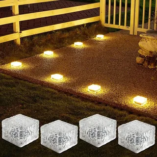 4er-Set Solar Glas Pflastersteine Außenleuchte, Wasserdicht LED Solar Bodenleuchten Solarlampen Außen Pflastersteine Wegbeleuchtung Dekoration Lichter für Garten Terrasse Schritte Deko, 7x7x5cm