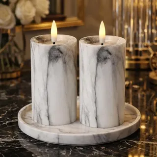 2er LED Kerze Stumpenkerze Marmor Optik flackern Ø7x12,5cm Batterie - Weiß