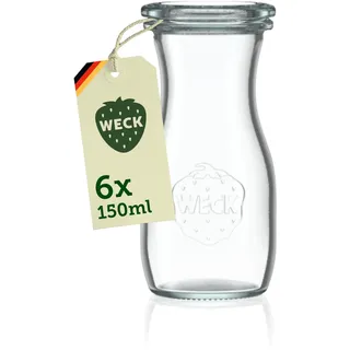 Weck Glaskaraffe 125ml – 6er Set – Trinkflasche aus Glas mit Glasdeckeln zum Befüllen – als kleine Glaskaraffe mit Deckel oder zum Einkochen & Verschenken
