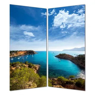 Wallario selbstklebende Duschrückwand 180 x 200 cm mit Motiv Ibiza - Blick von einer Bucht aufs Meer - Wandverkleidung mit Hochglanzlaminat in Glasoptik