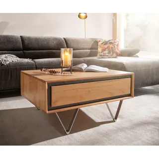DELIFE Couchtisch Stonegrace 80x60 cm Akazie Natur 2 Schubladen Steinfurnier - Hellbraun