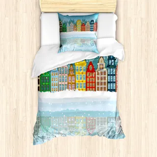 ABAKUHAUS Winter Mantele, Weihnachtshäuser Meer, Milbensicher Allergiker geeignet mit Kissenbezügen, 135 cm x 200 cm - 80 x 80 cm, Mehrfarbig