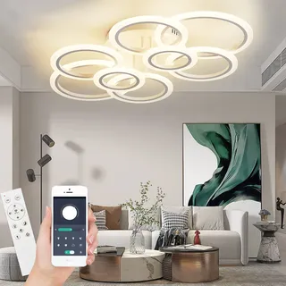 LED Deckenleuchte mit Fernbedienung APP Dimmbar Wohnzimmerlampe Weiß | Dimmbar LED Deckenleuchte 8-Ringe Wohnzimmerlampe mit Fernbedienung APP, Memory, Timer, Funktion und Nachtlicht, Leiser