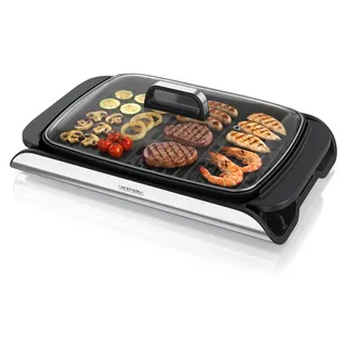Arendo Tischgrill Elektrogrill, Balkongrill, Glasabdeckung, Edelstahl, Antihaftbeschichtet, 2000W, stufenlose Temperaturregelung, für Balkon, Garten & Indoor - Schwarz, Silber, Transparent