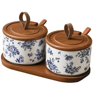 Chinese Style Floral Spice Jar Set Flasche Haushalt Keramik Salzstreuer Küche Gewürz Box Mit Deckel Und Löffel Unterglasur Hand-Painted Pepper Bowl Zucker Container (Stil B,2-teiliges Set)