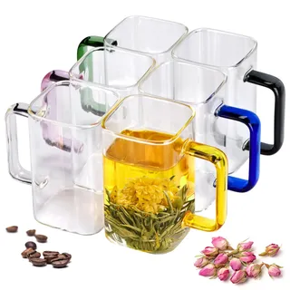 QHYK Kaffeegläser Transparente, 6er 300mL Kaffeetassen mit Farbigen Henkel, Quadrat Einzigartiges Design Gläser, passend für Tee, Getränke, Cappuccino, Hochzeiten und Partei