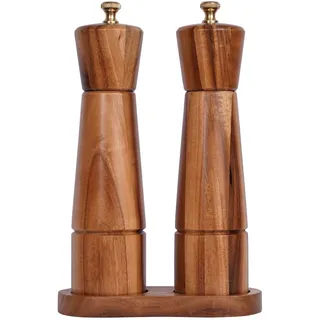 DeroTeno Salz- und Pfeffermühlenset mit Mühlenuntersetzer, Verstellbare Keramikmahlwerk Salzmühle, Edelstahlmahlwerk Pfeffermühle, Akazienholz, 22 cm Höhe, Boden DIA 5,5 cm