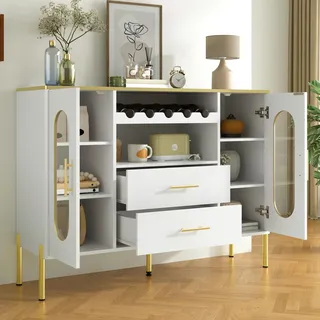 STILVORA Sideboard mit Glasfronten,Weinregal und Verstellbarer Fuß,Beistellschrank aus MDF mit viel Stauraum,Modernes Kommode,Aufbewahrungsschrank,weiß - Weiß