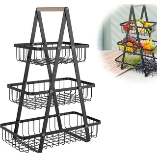 Sessamen-LP 3 Etagen Obst Etagere Obstkorb Obstschale Schüssel Halter ?Küche Ablagekorb mit Holzgriff Tortenst?nder Brotkorb Gemüsegestell für Küche, Schwarz - Schwarz