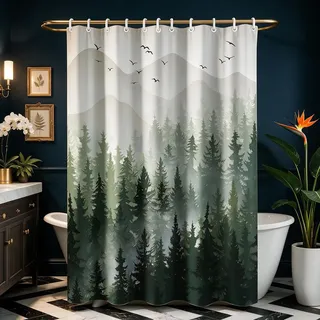 Lerores Duschvorhang 200x160cm, Wald Antischimmel Textil, Beschwerter Saum Wasserabweisend, Waschbar Polyester Stoff Badevorhänge mit 12 Ösen und Duschvorhangringe für Badezimmer, Badewanne