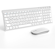 seenda Tastatur Maus Set Kabellos, Wiederaufladbare Kompakte Tastatur und Maus, Leise Aluminium Funktastatur mit Maus für PC/Laptop/Smart TV, QWERTZ Layout, Weiß & Silber