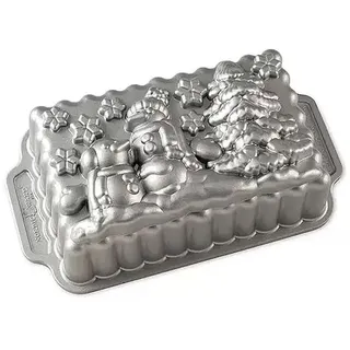 Nordic Ware Winter Wonderland Kastenform Weihnachten Gugelhupfform Aluguss Gugelhupfform mit Weihnachtsmann-Muster Kuchenform Made in USA Farbe:Silber