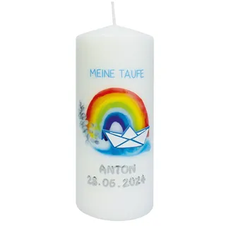 Taufkerze "Meine Taufe" mit Regenbogen auf Wasser 200 x Ø 80 mm mit individueller Namensverzierung aus Wachsbuchstaben