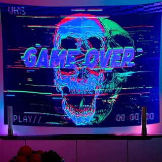 OSVINO Schwarzlicht Totenkopf Wandteppich 150X200CM UV-reaktiv GAME OVER Wandteppich Personalisierter Totenkopf Tapisserie für Spielhalle Schlafzimmer Wohnzimmer Wohnheim