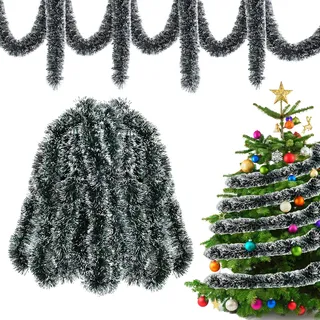 Weihnachtsgirlande 12M Grün Weiß,Girlande Weihnachten Outdoor,Weihnachtsbaum Girlande Deko,Lametta Girlanide Weihnachtsgirlande Tannengrün Christmas Garland für Treppe, Kamin und Party.