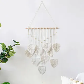 HNLMZ Makramee Wandbehang Handgemachte Boho Wanddeko Wandteppich,Gewebte Makramee Wandteppich mit Holzperlen und Blätter für Wohnzimmer, Schlafzimmer, Hochzeit, Urlaubsdekorationf(Beige)
