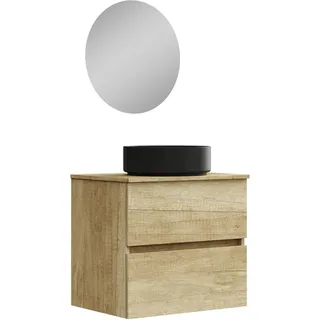 Baikal Onyx Black Badezimmerschrank, 2 Schubladen, zur Wandmontage, mit Keramikwaschbecken in Mattschwarz, Melamin 16 mm, montiertes Möbelstück, rundes Waschbecken, mit Spiegel, 60 cm, Nature