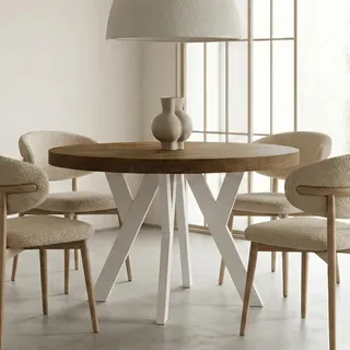Runder Ausziehbarer Tisch für Esszimmer, PERO, Loft-Stil, Skandinavische, Durchmesser: 90 / 140 cm, Farbe: Lefkas / Weiss - Braun
