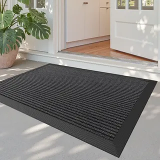 DEXI Fußmatte Außen, rutschfest, 60 x 90 cm, Gestreift Grau | Schmutzfangmatte, pflegeleicht, wetterfest, wasserdichter Gummiboden, dünnes Design, für Eingang, Haustür und Terrasse