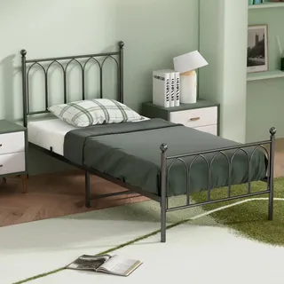 MODFU Metallbett Bettrahmen 90 x 200 mit Kopfteil,Einzelbett ,Jugendbett mit Metallrahmen,ohne Matratze,Schwarz - Schwarz