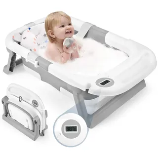 Baby Badewanne, Neugeborene Bad Essentials, Faltbare Badewanne für Kleinkind 0-6-12 Monaten Geeignet, Portable Baby Bathtub mit weichem Kissen, Temperatursensor und Tablett